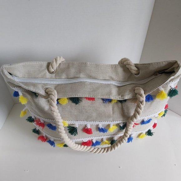NWOT large Canvas Tote Beach bag colorful tassels - Picture 9 of 14